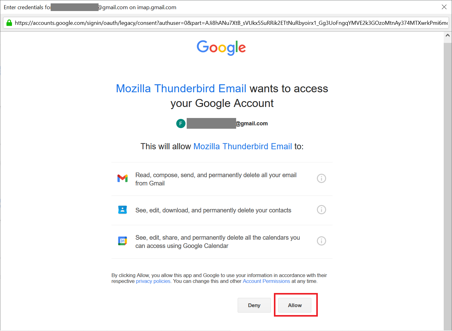 give thunderbird permission to access gmail data